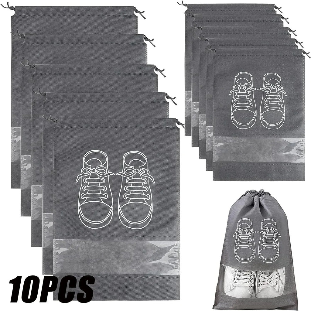 5/10-Pack Non-Woven Drawstring Shoe Bags — Dust-Proof Travel Shoe Storage Organizer (36×27 cm / 14.2×10.6 in; 44×32 cm / 17.3×12.6 in)