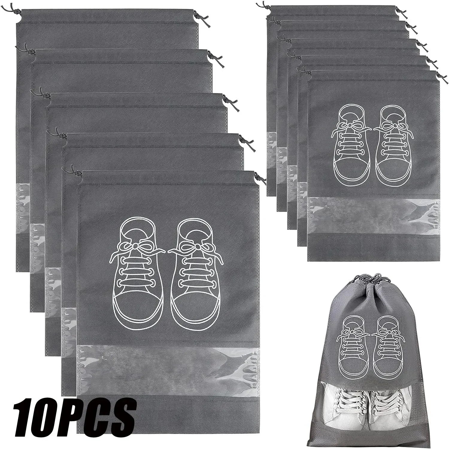 5/10-Pack Non-Woven Drawstring Shoe Bags — Dust-Proof Travel Shoe Storage Organizer (36×27 cm / 14.2×10.6 in; 44×32 cm / 17.3×12.6 in)