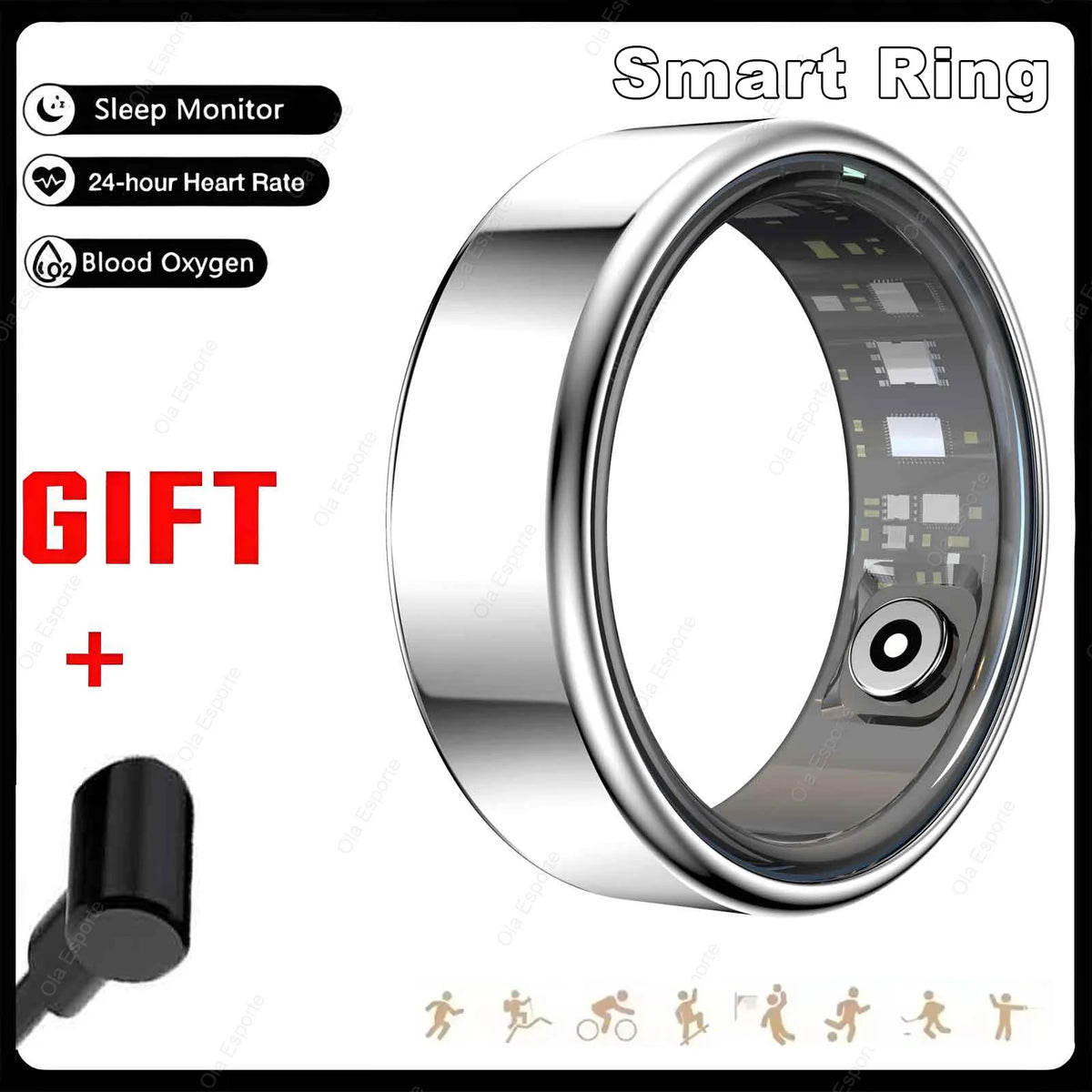 Smart Health Ring — Heart Rate, SpO2 & Skin Temperature Monitor, Sleep & Activity Tracker, 5ATM Waterproof, Bluetooth for Android & iOS — US Sizes 6–14 (16.5–22.3 mm / 0.65–0.88 in)