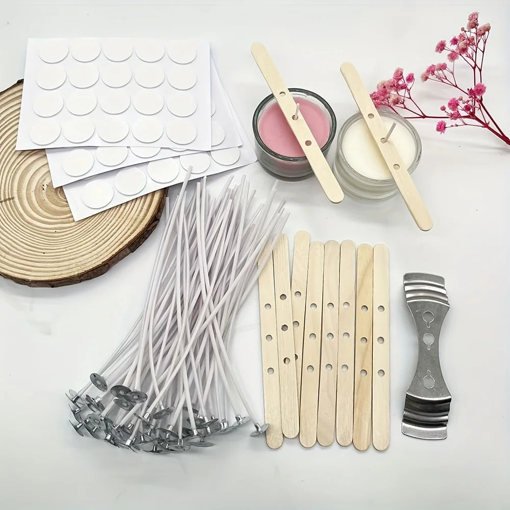 Candle Making Wicks Kit – 50 Waxed Cotton Wicks with Metal Sustainers + 60 Self-Adhesive Wick Stickers (110 pcs)