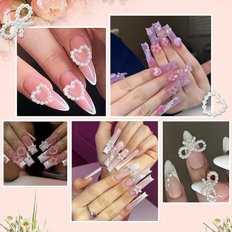 500pcs White Nail Charms & Pearls — Mixed Shapes (Heart, Bowknot, Star, Teardrop) Rhinestones for Nail Art & DIY Crafts