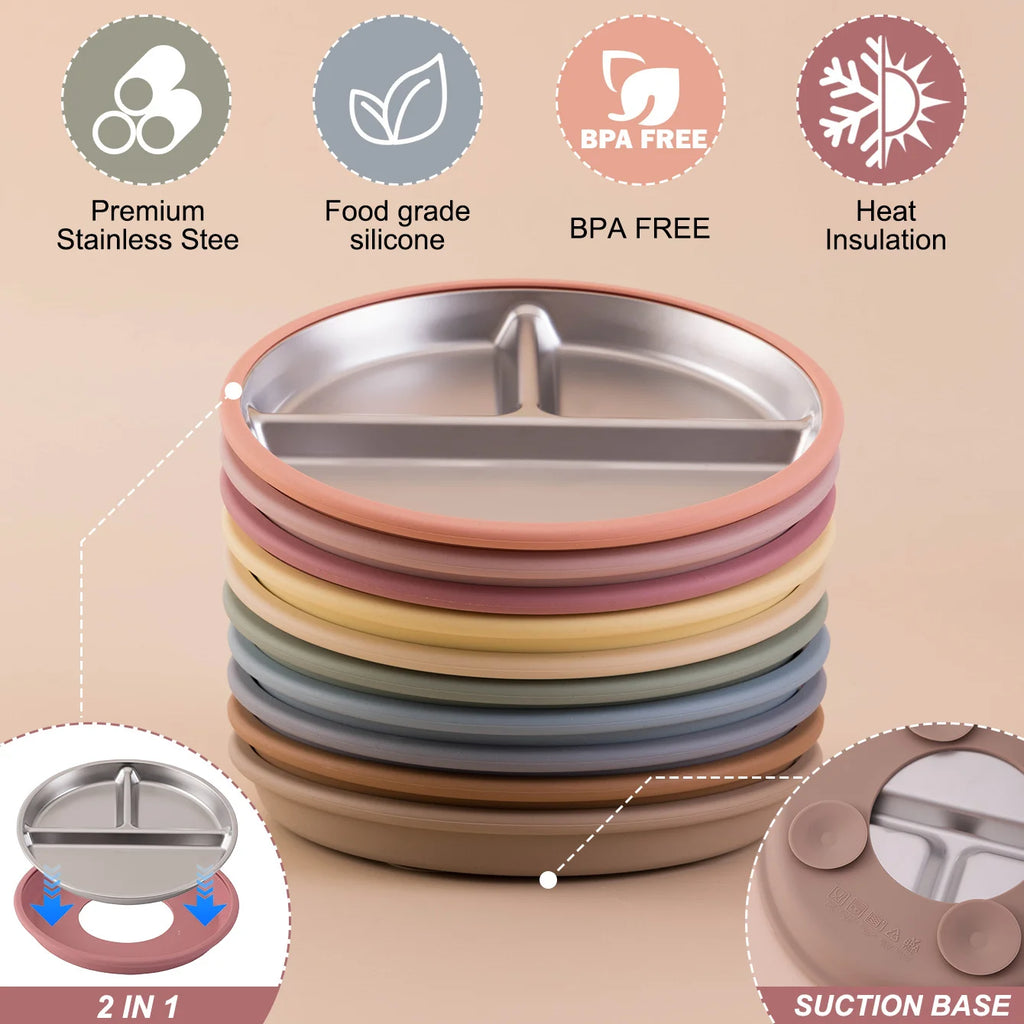Stainless Steel Baby Plate with Detachable Suction Silicone Tray – Food-Grade Non-Slip Feeding Bowl for Infants & Toddlers