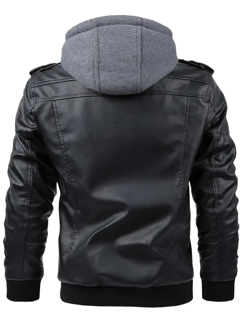 Men's Slim Fit PU Motorcycle Leather Jacket - Windproof Biker Coat with Detachable Hood & Zipper