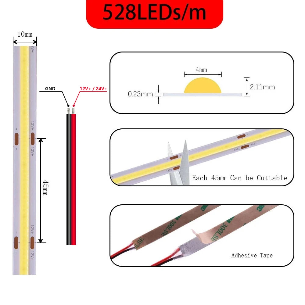 COB LED Strip Light High-Density 480/528 LEDs/m Flexible 8mm/10mm Tape Warm/Natural/Cool White + RGB DC12/24V