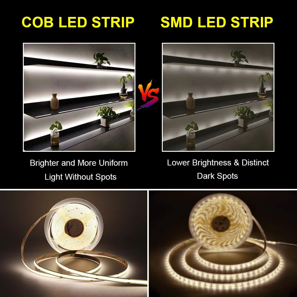 COB LED Strip Light 12V/24V — 3mm 5mm 8mm 10mm PCB Flexible Tape, High CRI >90, RGB & Warm/Cool White (3000K/4000K/6000K)