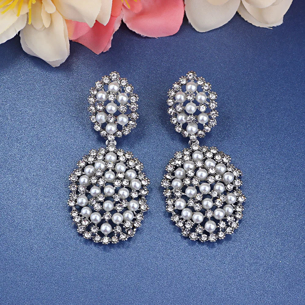 Gold Bridal Drop Earrings with Simulated Pearls & Crystal Rhinestones — 6 cm (2.36 in) Dangle Statement Earrings for Wedding & Bridesmaids