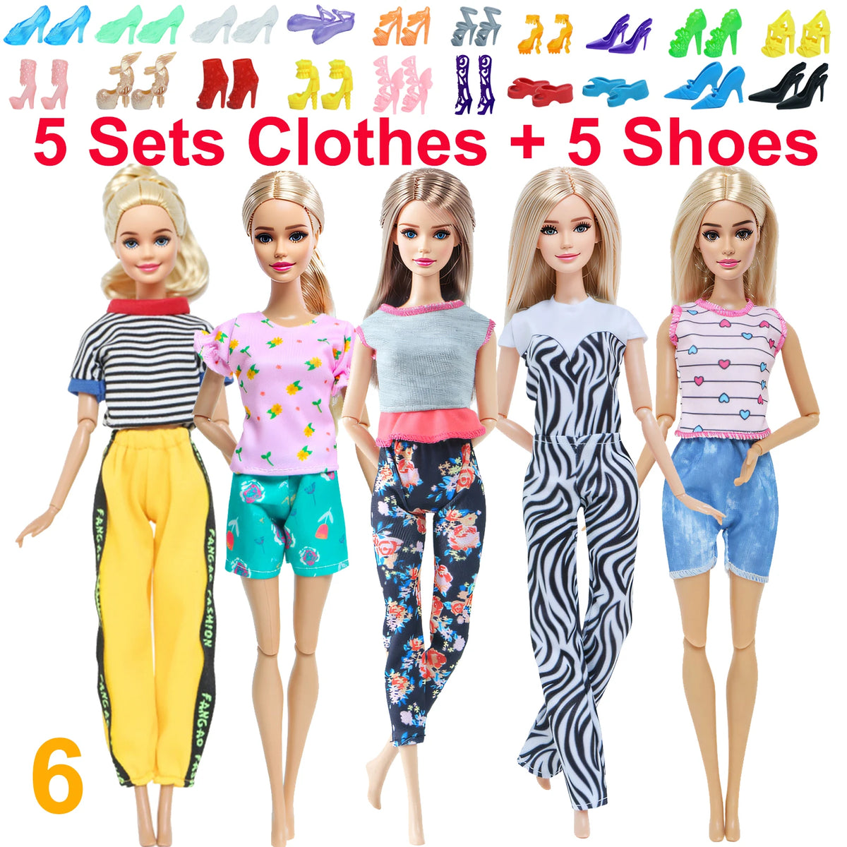 10-Piece 1/6 Scale Doll Clothes Set for 11.5–12 in (30 cm) Dolls — Dresses, Shirts, Pants & Shoes