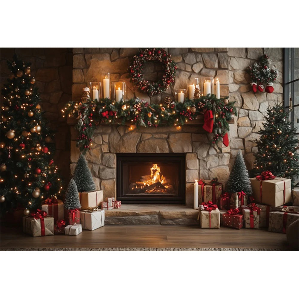 Christmas Fireplace Photography Backdrop — Gingerbread House & Wooden Window Holiday Photo Background for Kids & Family