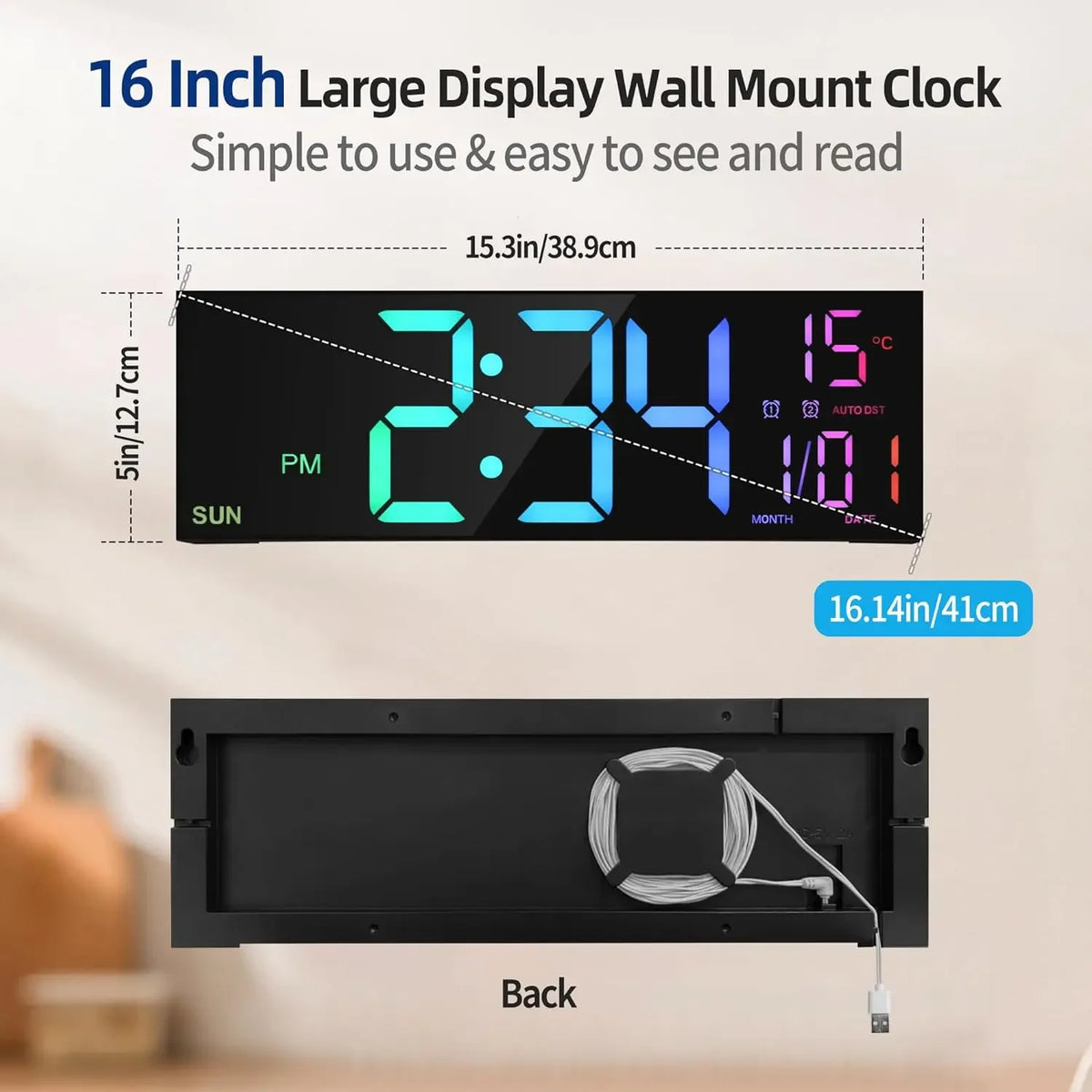 16.2 in (41 cm) Large LED Digital Wall Clock with Remote, Dual Alarm, RGB Night Light, Jumbo 4.5 in Digits