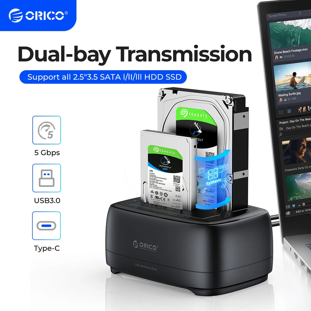 Dual-Bay HDD/SSD Docking Station USB 3.0 Type-C 5Gbps for 2.5"/3.5" Drives with 12V 3A Power Adapter (Supports up to 36TB)