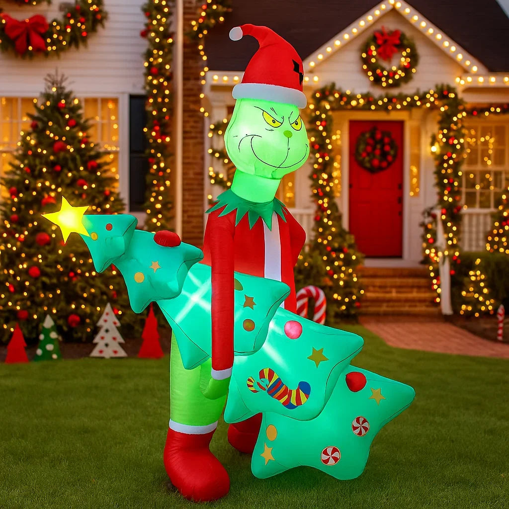 6.8 ft (2.07 m) Grinch Holding Christmas Tree Inflatable Yard Decoration – Outdoor Holiday Decor, Plug-In Inflatable