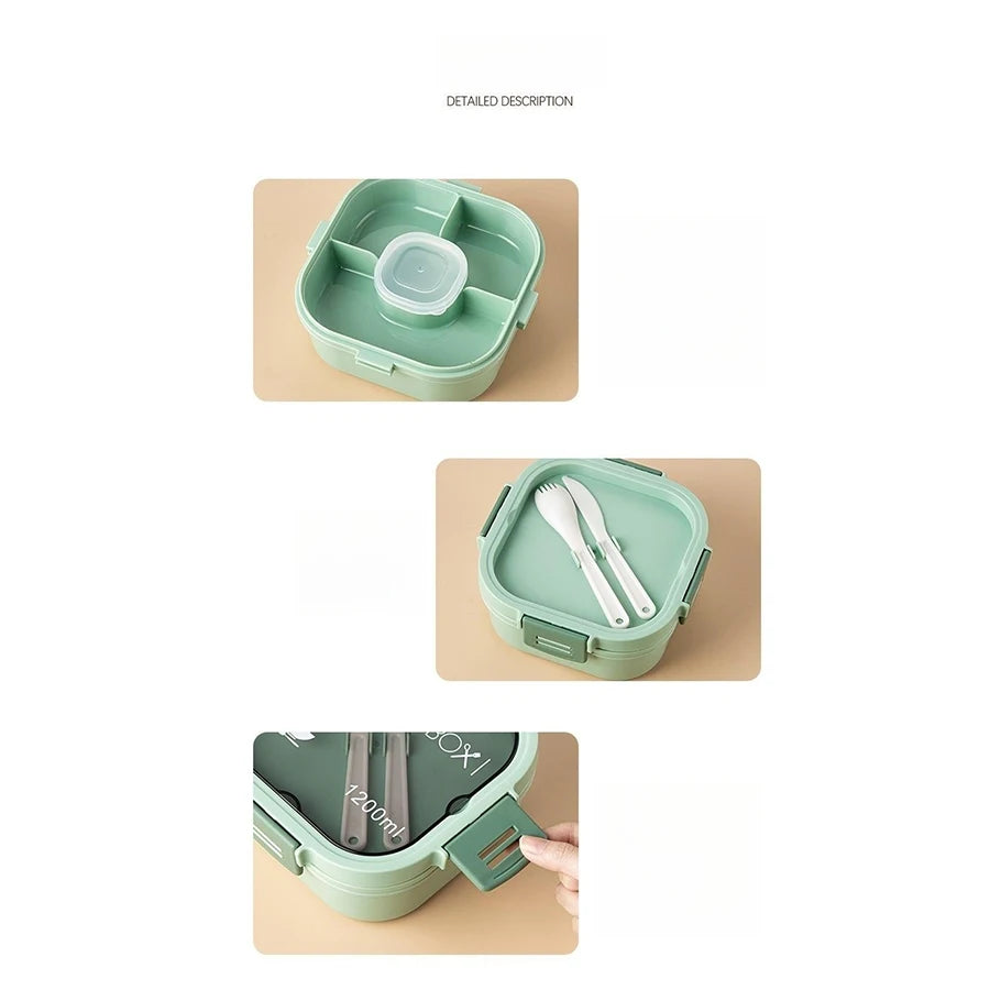 Double Stackable 50 oz (1.48 L) Lunch Box - 4-Compartment Salad Bowl with 3 oz (90 ml) Sauce Cup & Built-In Fork & Spoon