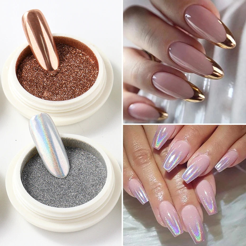 6-Pack Chrome Mirror Nail Powder Set Gold Silver Rose Gold White Holographic Aurora Iridescent Nail Art Pigments