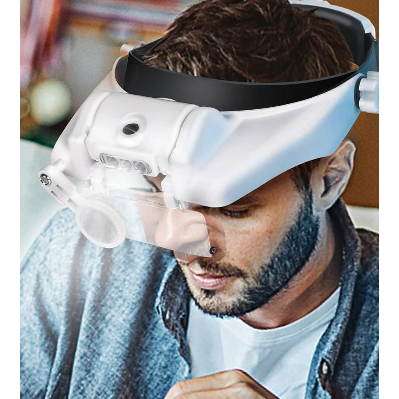 LED Headband Magnifier Hands-Free with Interchangeable Lenses 1.5x–8x for Jewelry, Watch & Electronics Repair