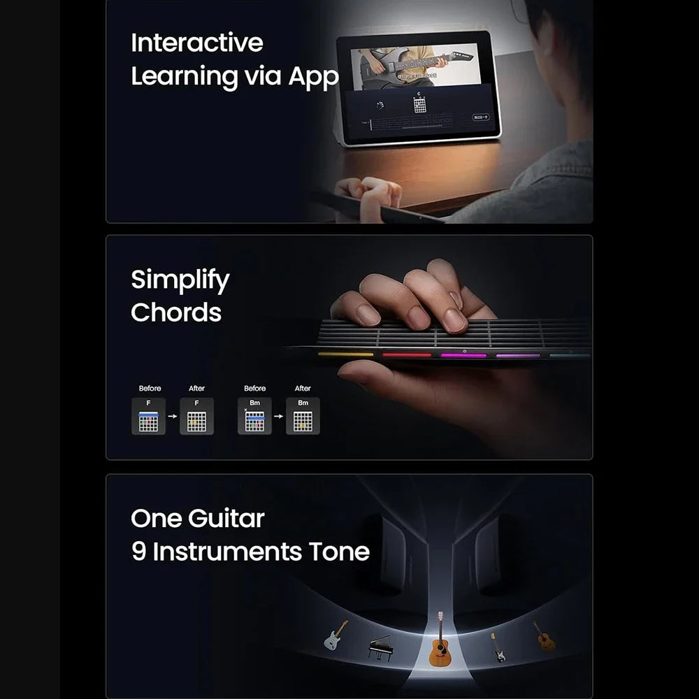 Portable Smart Hybrid Guitar — Pain-Free Silicone Strings, 9 Tone Modes, Built-In Speaker & Mic