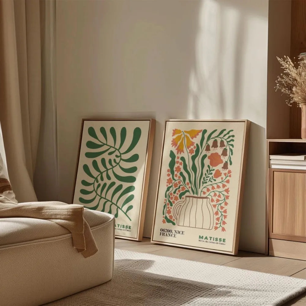 2-Piece Frameless Matisse Floral Canvas Prints - Bohemian Mid-Century Modern Wall Art for Bedroom & Living Room