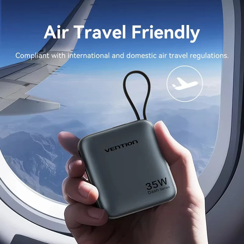 35W 10000mAh Mini Power Bank PD Fast Charge with Built-in USB-C Cable, LED Display, Dual-Port Portable Charger