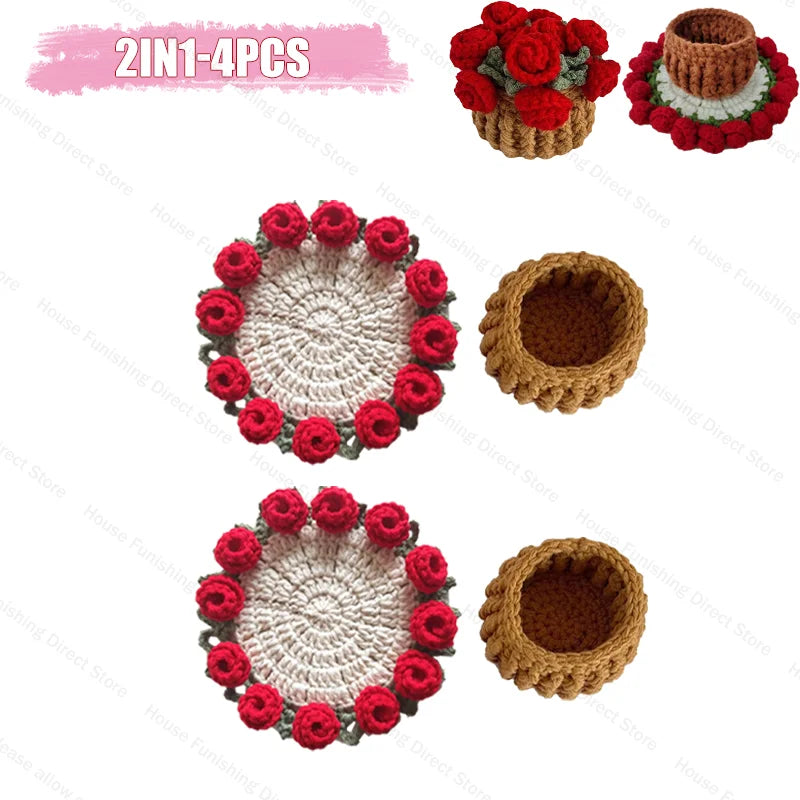 Handmade Crochet Rose Coaster, Heat-Resistant Table Mat for Valentine's Day, Romantic Wedding Gift