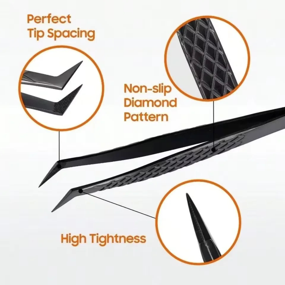 3-Pack Professional Titanium Eyelash Tweezers Set, Curved Head False Eyelash Clamp & Fiber Tip Curler