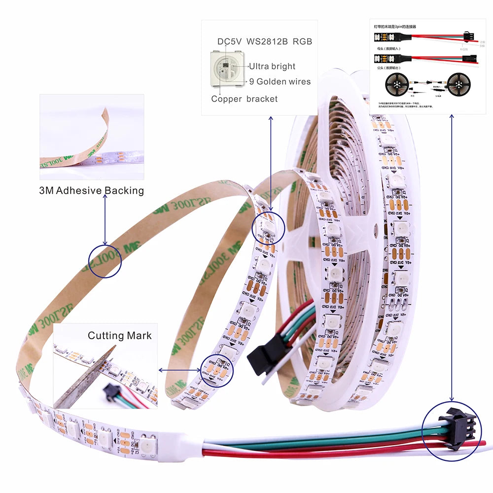 5V Addressable RGB LED Strip — Smart Digital Pixel Tape, 30/60/74/96/144 LEDs/m, 1m–5m (3.3–16.4 ft), Black/White PCB, IP30/IP65/IP67