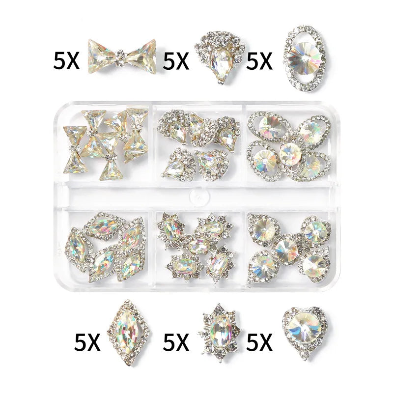 6-Grid Nail Rhinestone Kit – Saturn, Planet & Cross Crystal Nail Charms for Nail Art