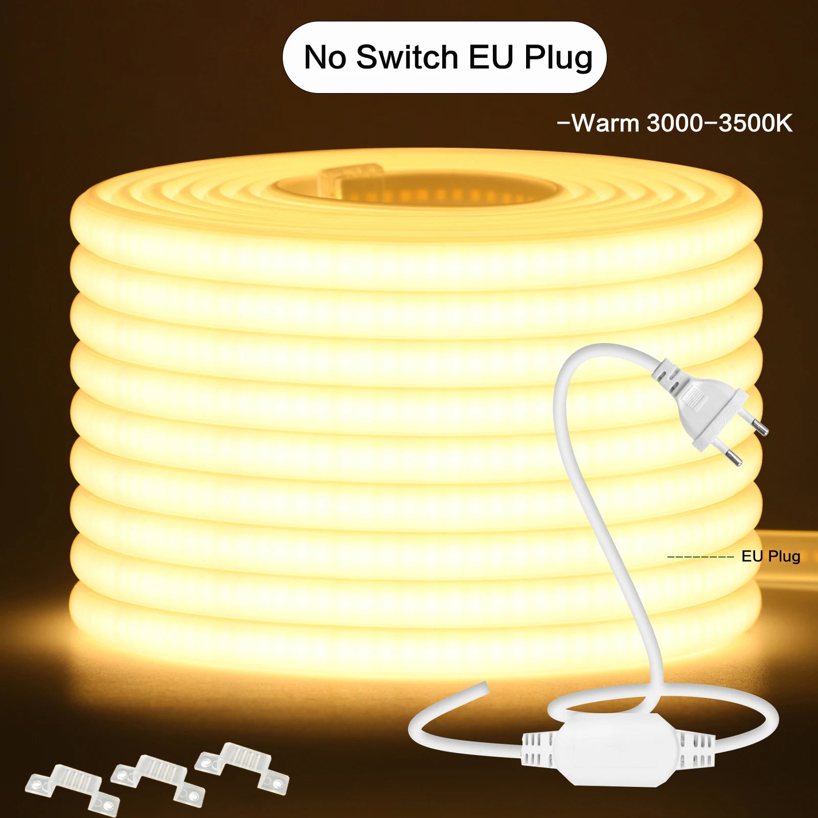 220V COB LED Strip Light 288 LEDs/m IP65 Dimmable with Switch or Dimmer Plug — 3000K 4000K 6000K Waterproof Indoor/Outdoor