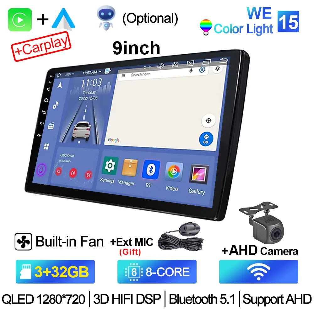 2-DIN Android Car Stereo - CarPlay & Android Auto, 7/9/10.1 inch (17.8/22.9/25.6 cm) QLED GPS, 8-Core CPU, DSP, WiFi & 4G, 6GB/128GB