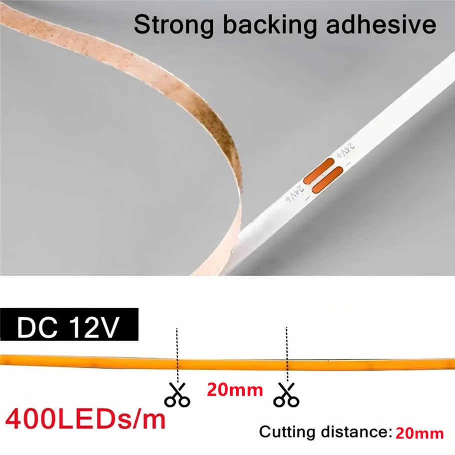 3mm (0.12in) Ultra-Thin COB LED Strip Light 12V – 400 LEDs/m Dimmable High-Density Flexible Tape, 3000K/4000K/6000K & Multicolor