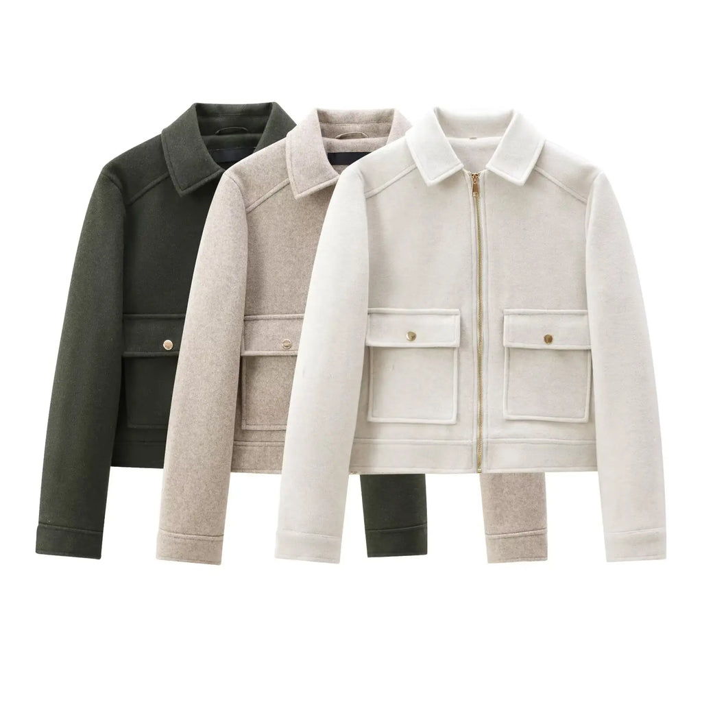 Women's Zipper Jacket - Short Winter Coat with Pockets, Long Sleeve Casual Street Outerwear
