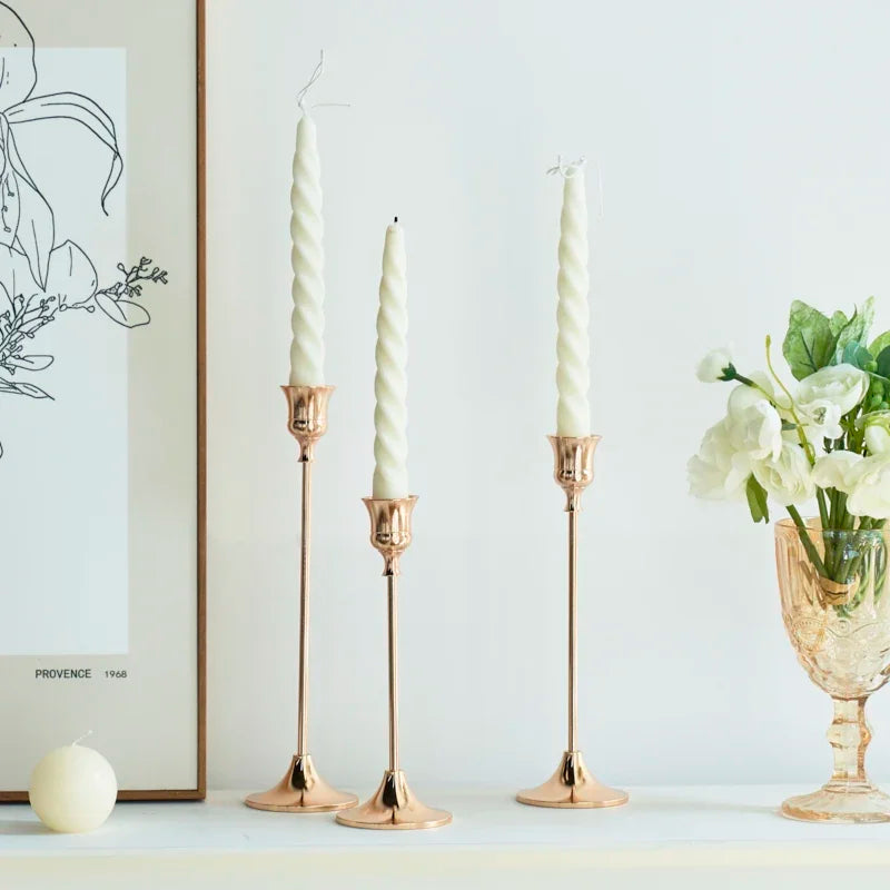 3-Piece Brass Gold Candlestick Holder Set 5.9/7.3/9.3 in (15/18.5/23.5 cm) Taper Candle Stands for Wedding & Home Decor