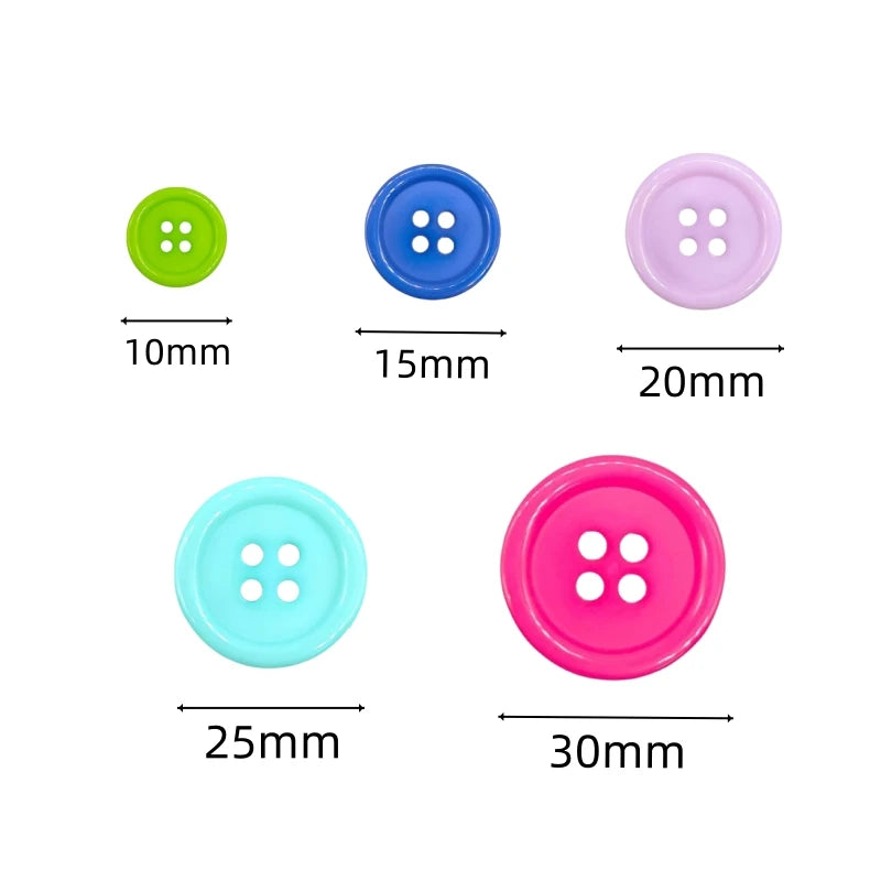 Colorful Round 4-Hole Plastic Sewing Buttons, Mixed Sizes 10/15/20/25/30mm (0.39–1.18 in) Pack 20–100 for DIY Crafts, Scrapbooking & Clothing