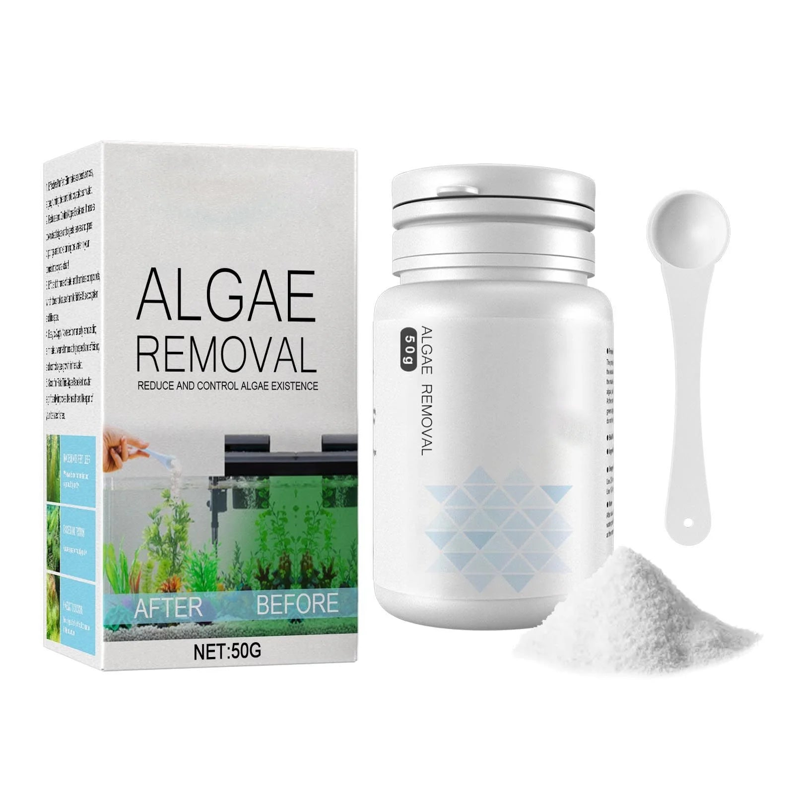Aquarium Algae Tablets 50-Pack with Spoon, Fish Tank Algaecide Moss & Odor Remover Water Purifier