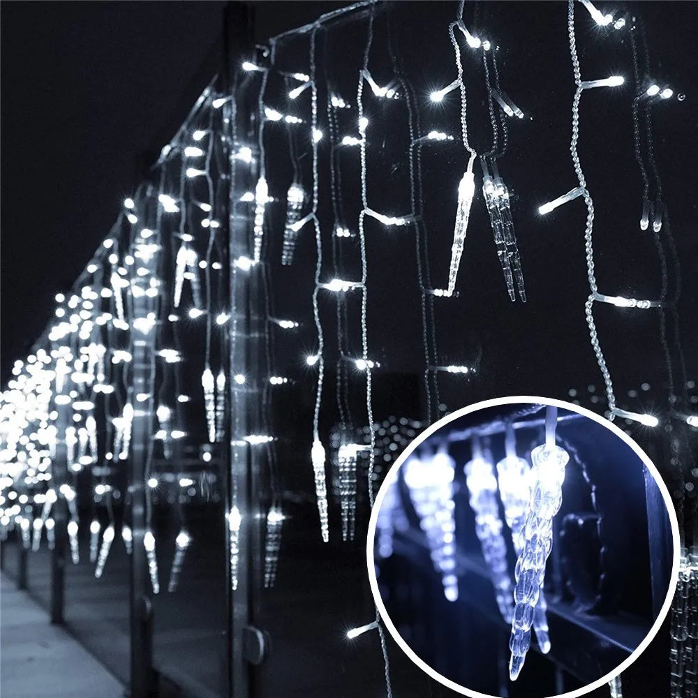 LED Christmas Icicle Curtain Lights – Waterproof Outdoor Festoon, 3.5–5m (11.5–16.4 ft), White/Blue/Multi/Warm White, Steady or 8-Mode Controller