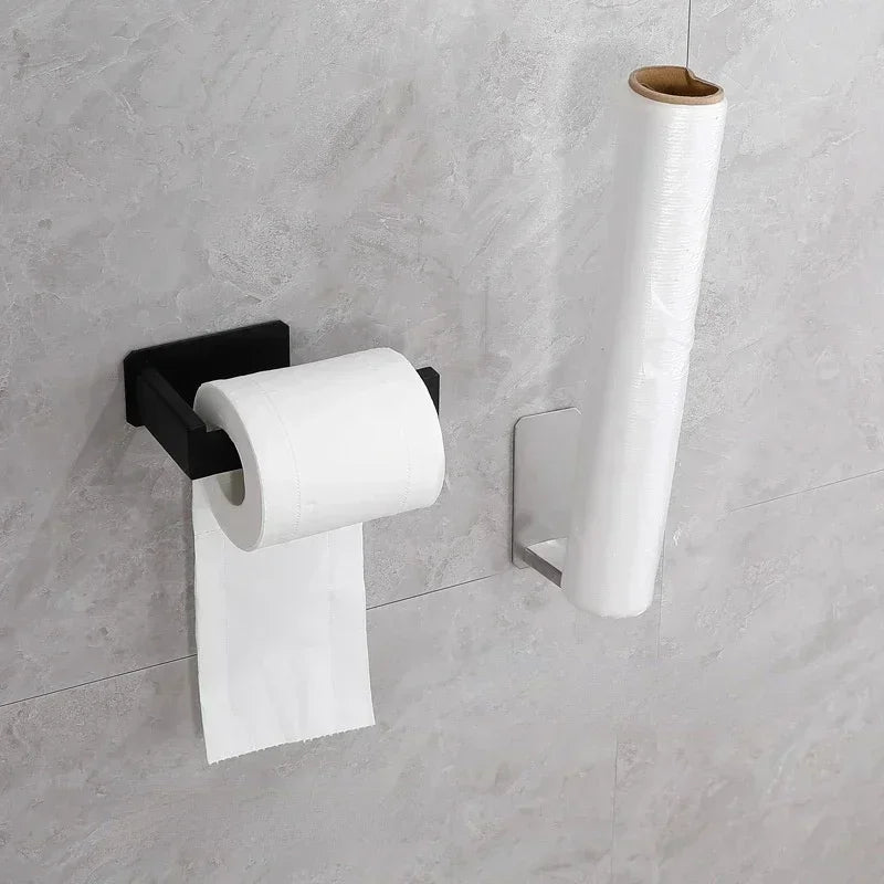 Self-Adhesive Stainless Steel Toilet Paper Holder Matte Black – No-Drill Wall Mount