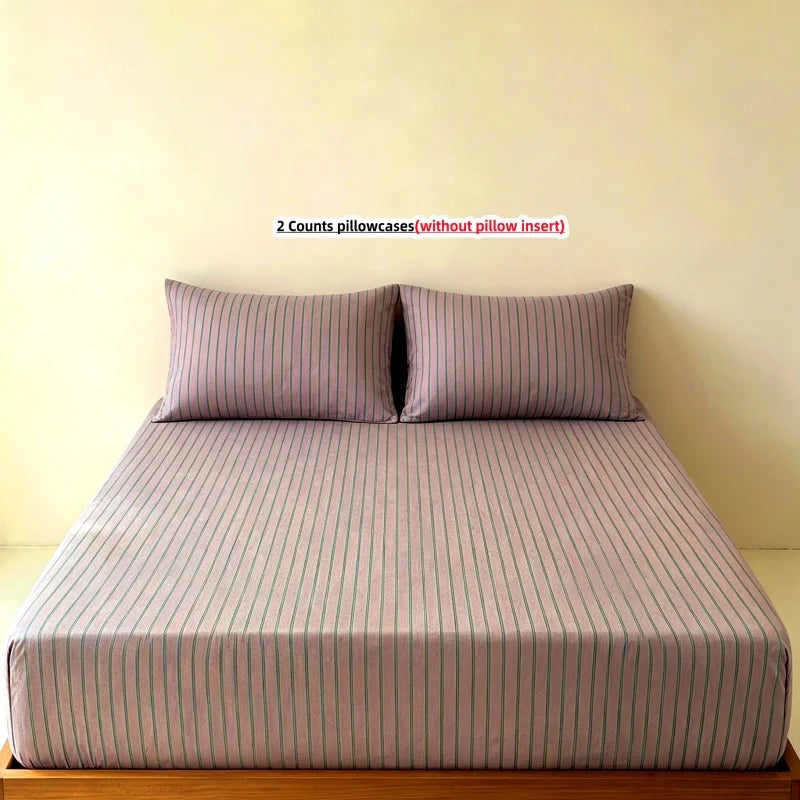 3-Piece Stripe Fitted Sheet Set – Elastic Anti-Slip Adjustable Fitted Mattress Cover with 2 Pillowcases