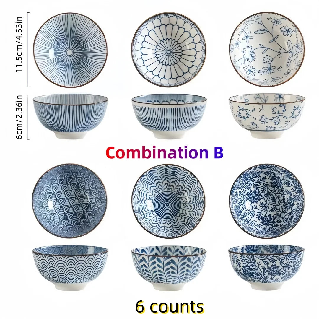 Japanese-Style Blue & White Hand-Painted 4.5-Inch (11.5 cm) Ceramic Rice Bowl Retro Tableware