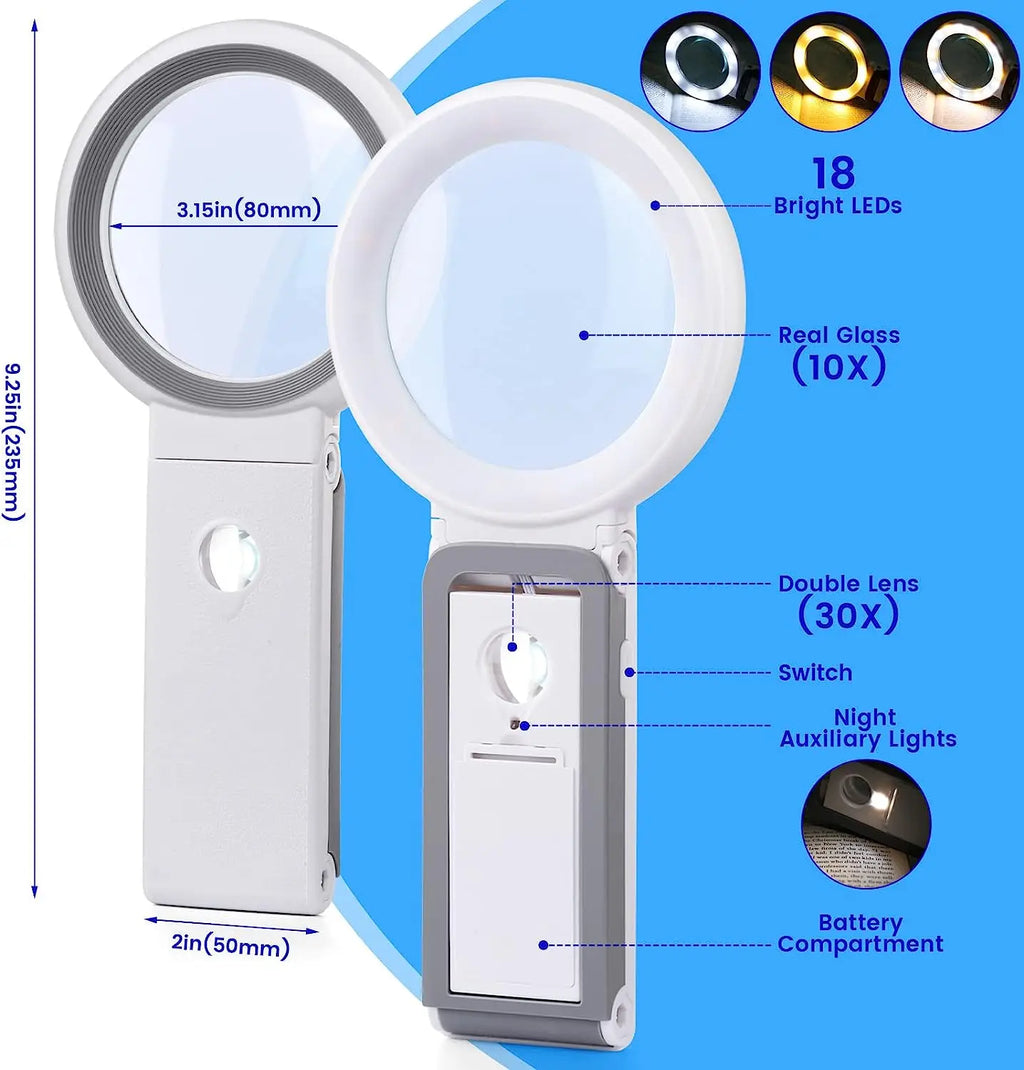10X / 30X LED Magnifying Glass with 18 LEDs and Stand - Folding Handheld Illuminated Magnifier for Reading, Jewelry & Coins