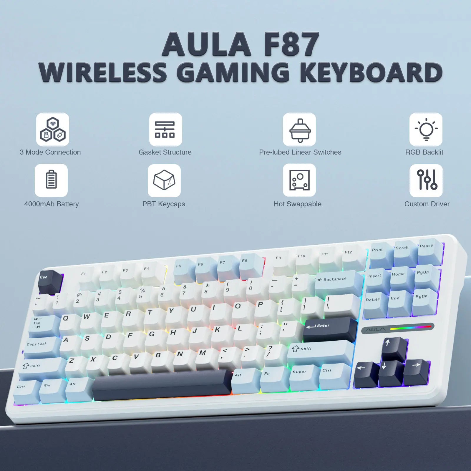 F87 Pro 87-Key 80% TKL Gasket Mechanical Keyboard — Hot-Swappable, Tri-Mode (Bluetooth/2.4G/Wired), RGB PBT Keycaps