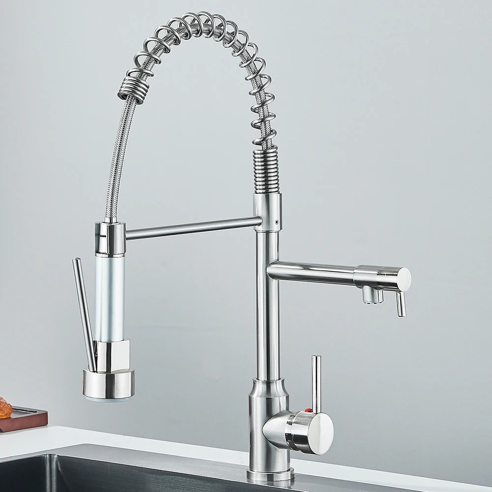 Pull-Down Spring Kitchen Faucet Single Lever Mixer Retractable Dual Spout Hot & Cold Stainless Steel