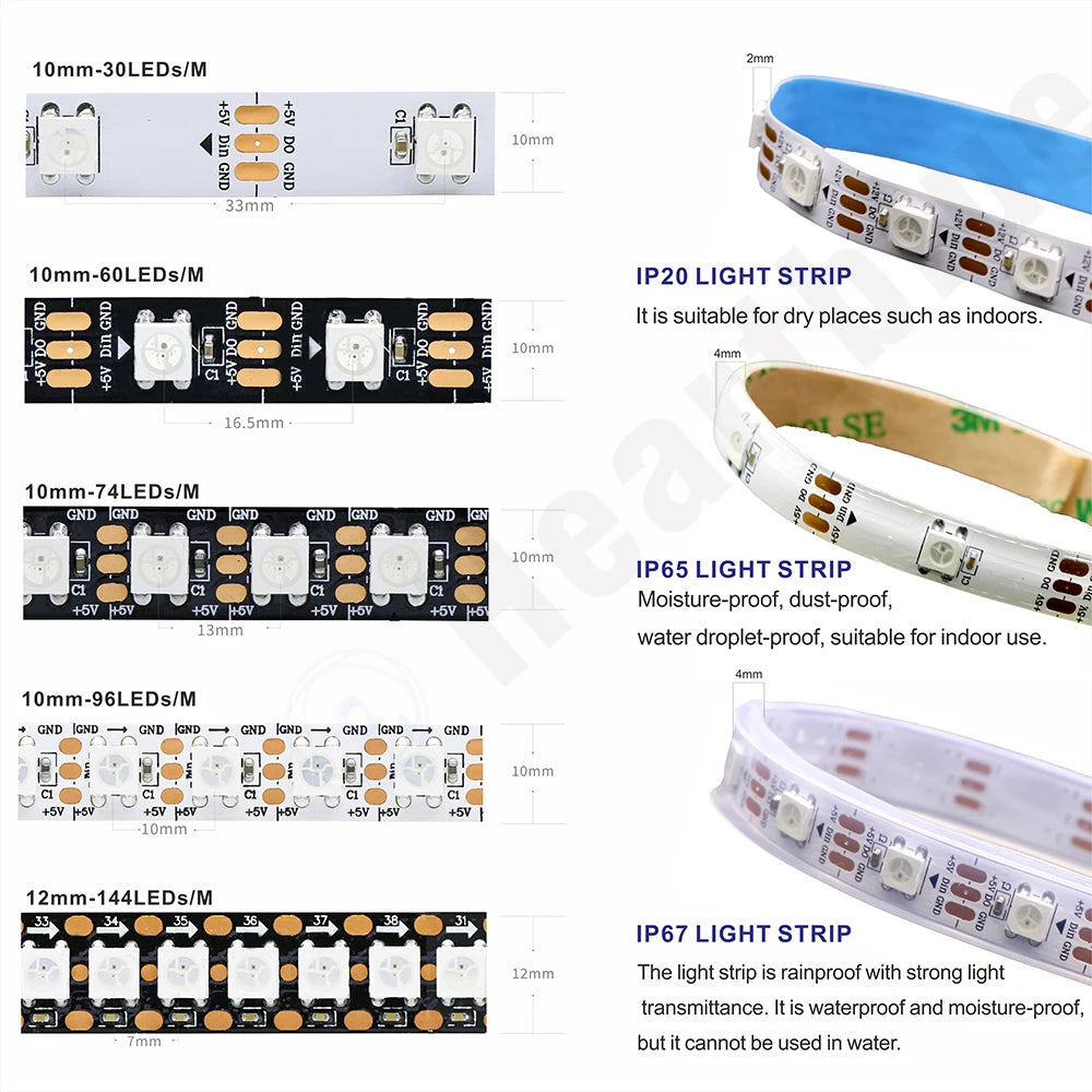 Addressable RGB LED Strip Lights WS2811 WS2812 WS2813 WS2815 Programmable DC 5V/12V Color-Changing