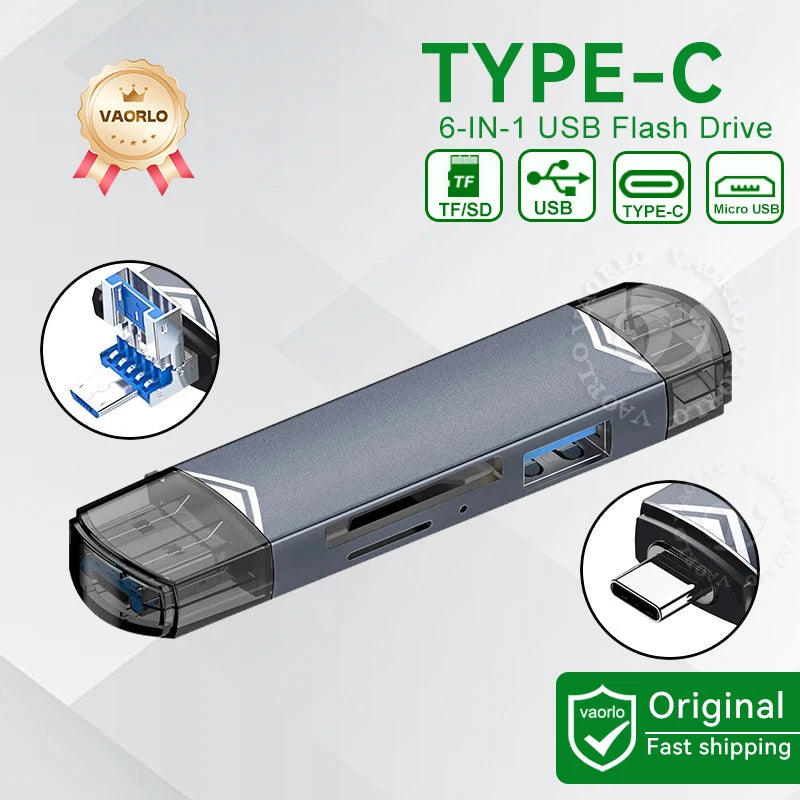 6-in-1 USB-C OTG Card Reader & USB 3.0 Flash Drive Adapter — SD / TF / MicroSD for Phone, Tablet, Laptop