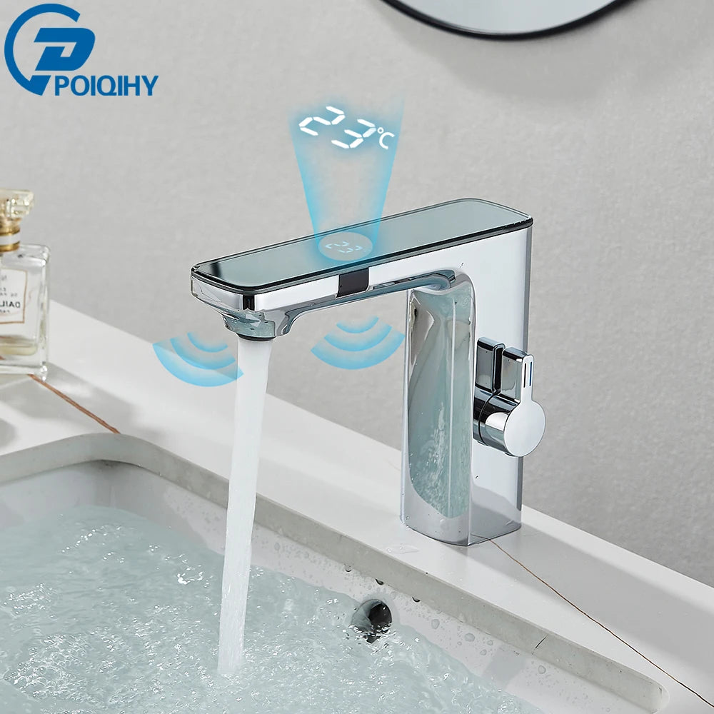 Touchless White Sensor Basin Faucet with Digital Temperature Display – Hot & Cold Mixer Tap for Bathroom Vanity