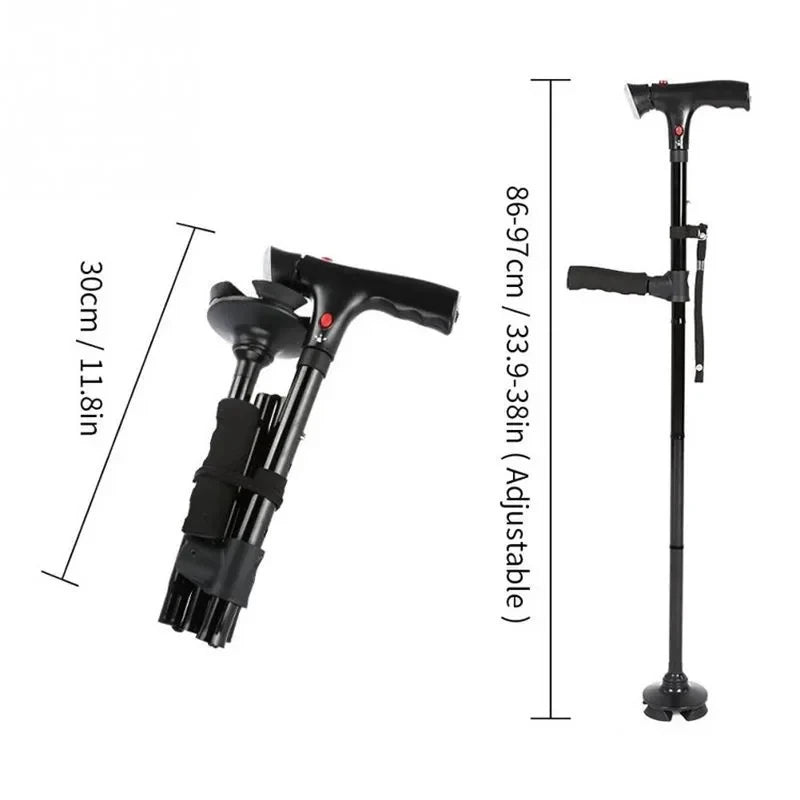 Collapsible Telescopic Walking Cane with LED Light & Alarm, Adjustable 4-Point Quad Base T-Handle for Seniors