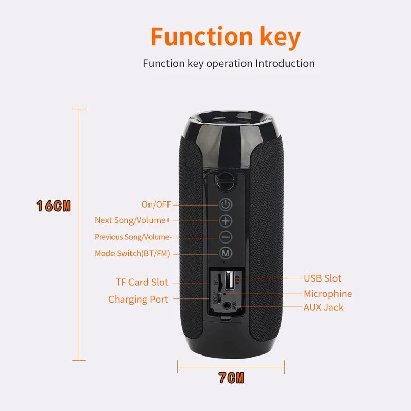 10W Portable Bluetooth Speaker — IPX5 Waterproof, FM Radio, TWS, USB/TF Card, 1200mAh Battery