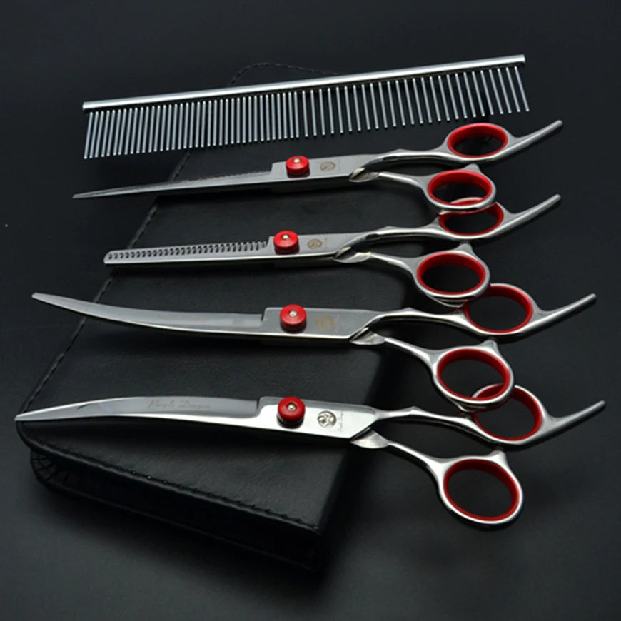 Professional Dog Grooming Scissors Set - 6" (15.2 cm) & 7" (17.8 cm) Stainless Steel Thinning & Curved Pet Shears