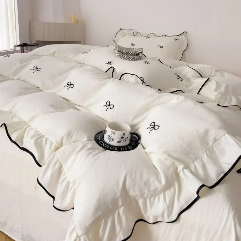 Floral Embroidered Duvet Cover Set 3-Piece (1 Duvet Cover + 2 Pillowcases) - Twill Polyester - Multiple Sizes - White, Pink, Black