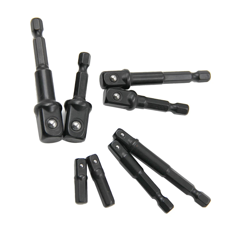 8-Piece Black Drive Adapter & Extension Rod Set for Screwdrivers — 1/4, 3/8, 1/2 in (6.35, 9.53, 12.7 mm), Assorted 25–73 mm