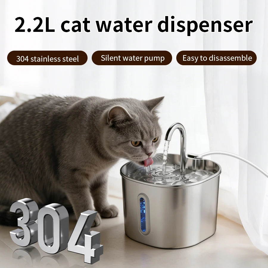 Large Stainless Steel Pet Water Fountain 2.2L