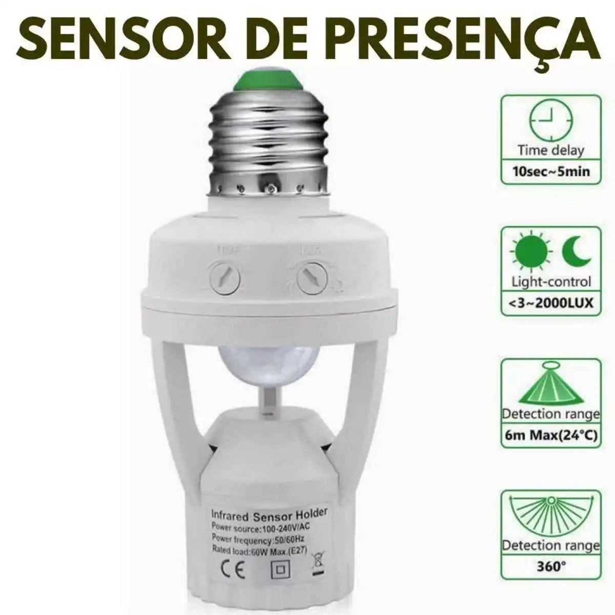 E27 Motion Sensor Lamp Socket Adapter with Photocell — Presence Sensor for Light Bulbs, Auto On/Off, 110–220V