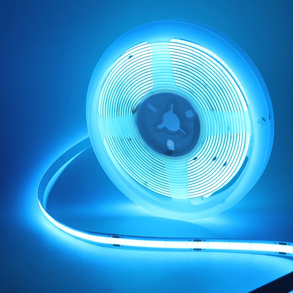 5V COB LED Strip Light with Motion Sensor – USB or 4×AAA Battery Powered, 320 LEDs/m, Cuttable, 0.5–5m (Warm to Cool White + RGB)